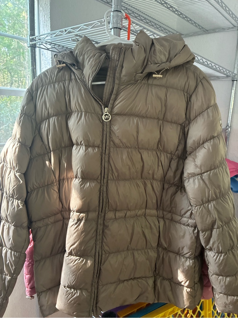 Michael Kors Olive Taupe Quilted Puffer Jacket with Hood